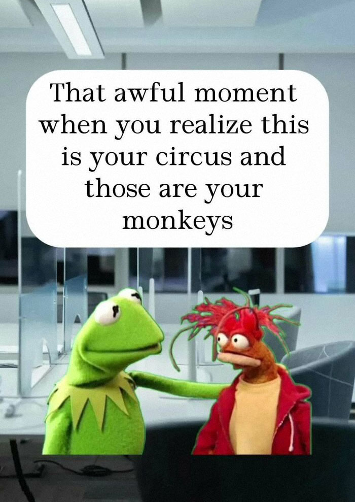 Kermit and another character in an office, with a job meme saying, "That awful moment when you realize this is your circus."
