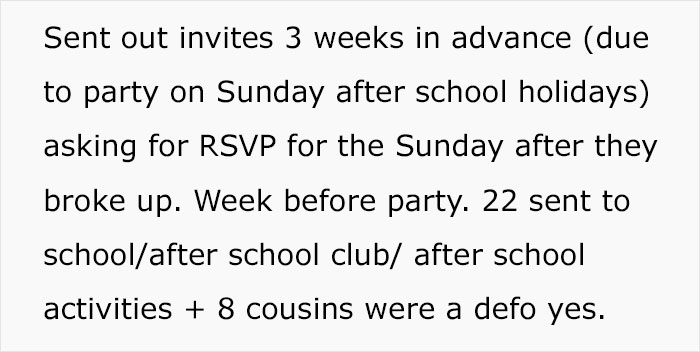 Text image discussing party invitations and lack of RSVPs for a birthday event.