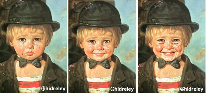 Three images showing a Bragolin crying child painting gradually transformed with AI into a smiling child wearing a bow tie and hat.