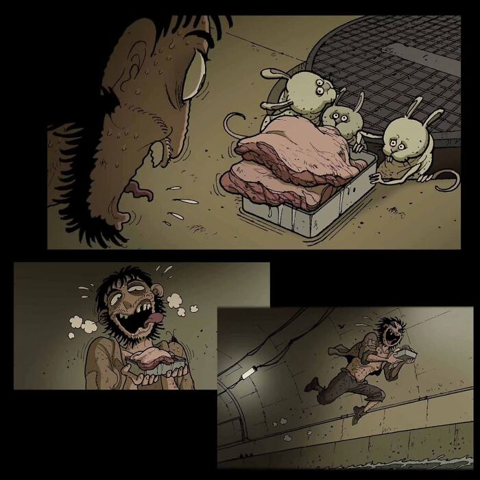 Man in a tunnel eagerly grabbing strange meat from tiny creatures, illustrating a chilling DarkBox Comics scene.