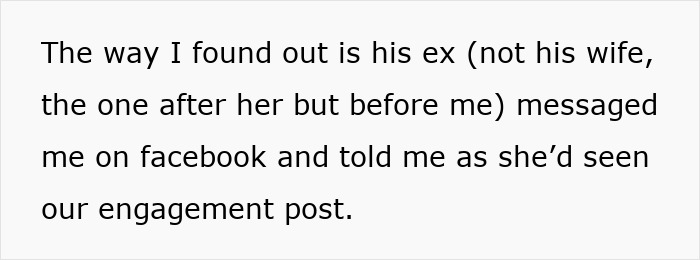 Text revealing discovery of fianc&eacute;'s marriage through his ex's Facebook message.