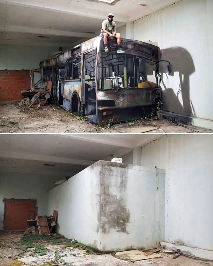 3D street art illusion of a bus with a person sitting on top, transforming a plain wall into a mind-bending masterpiece.