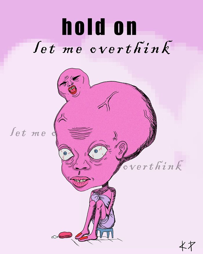 Funny illustration by Kissing Party showing a character overthinking with a frustrated expression.
