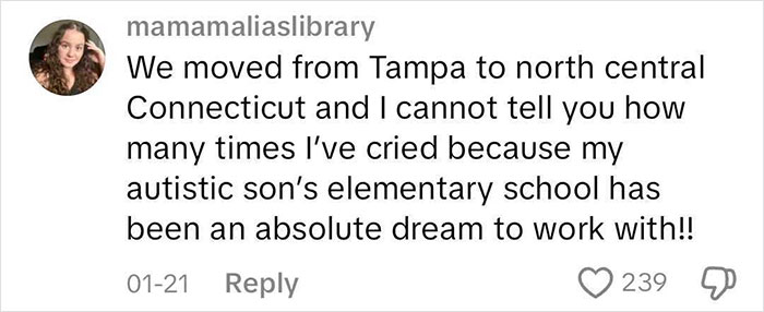 Comment about moving to a blue state for better autism support, with 239 likes.