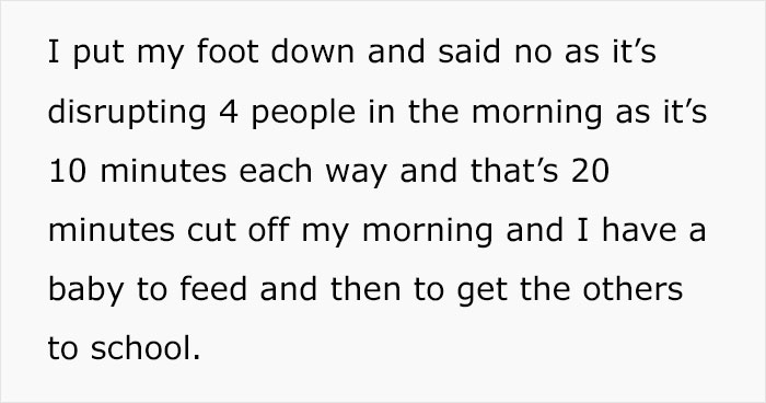 Text describing a morning disruption due to a husband's work commute demands. Text describing a morning disruption due to a husband's work commute demands.