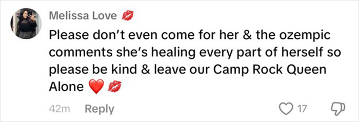 Comment about Ozempic and Demi Lovato's transformation, urging kindness towards her healing journey.