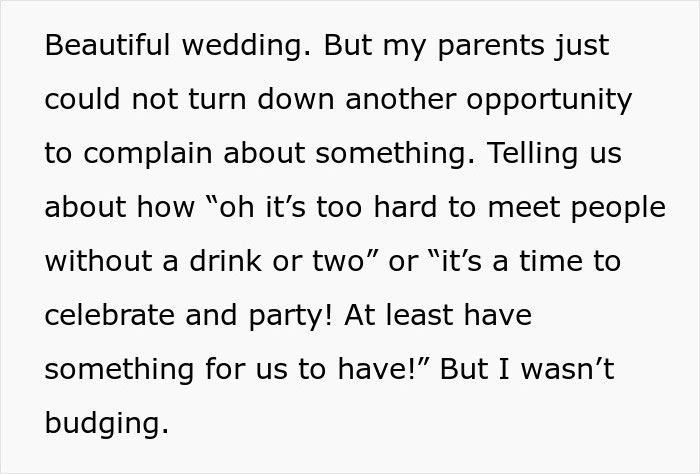 Text exchange about a dry wedding, with parents upset over the lack of alcohol. Text exchange about a dry wedding, with parents upset over the lack of alcohol.