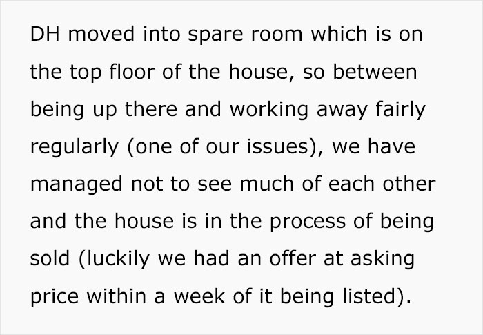 Text about moving into a spare room and house sale during the separation process.