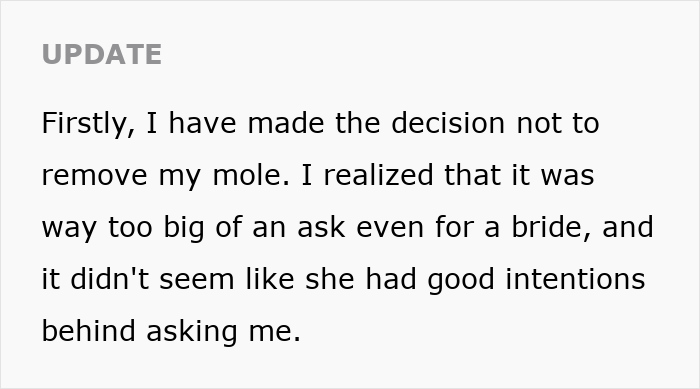 Text about bridesmaid deciding against facial surgery suggested by bride. Text about bridesmaid deciding against facial surgery suggested by bride.