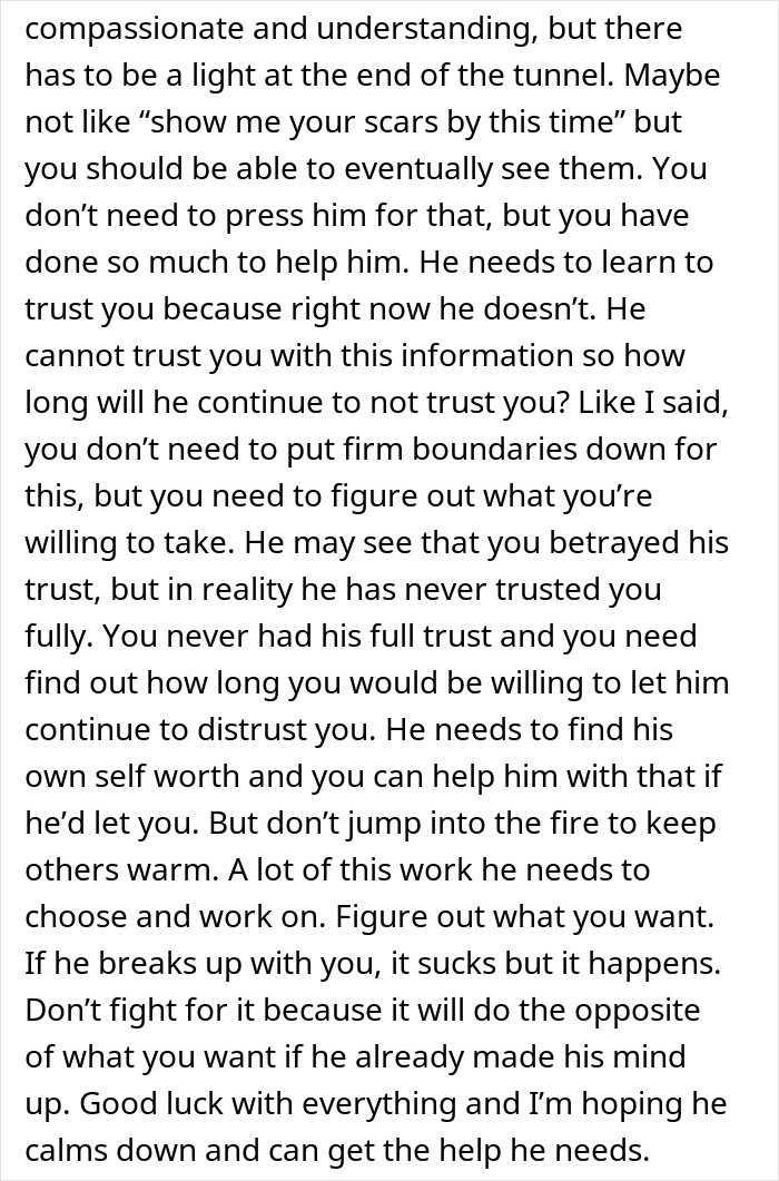 Text discussing trust issues and the potential breakup related to a guy with burn scars in a relationship.