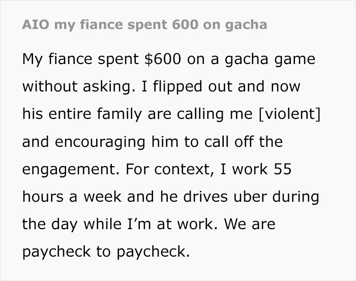 Man and mom gaslight woman after losing $600 in gacha game, calling her controlling for being upset.