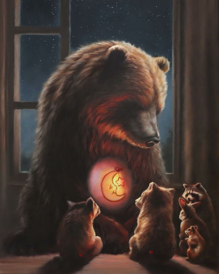 Anthropomorphic artwork of a bear and animals, gathered around a glowing lantern indoors.