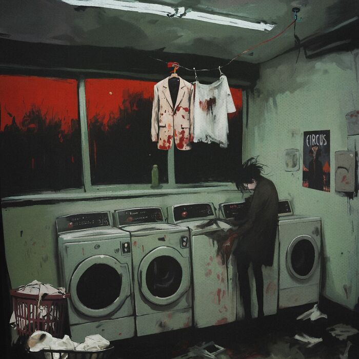 Eerie art depicting a laundromat scene with stained clothes, inspired by industrial decay and folklore.