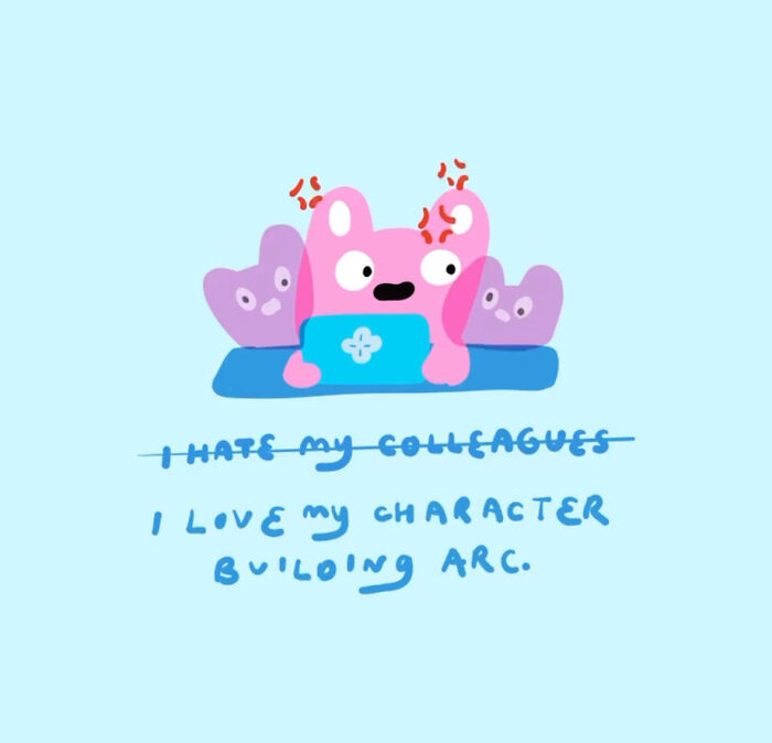 Cute character illustration with angry expression, surrounded by others, showing relatable workplace humor about colleagues.