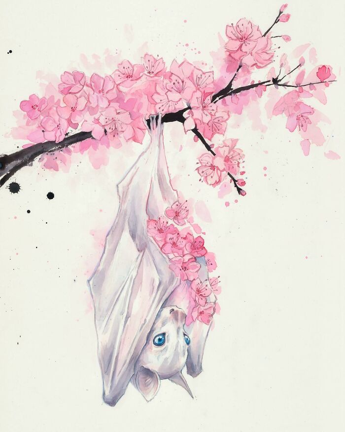 Dream-like painting of a bat with blue eyes hanging from a cherry blossom branch.