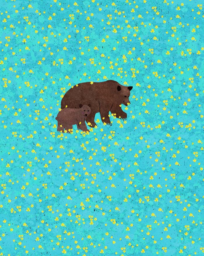 Bears in a serene illustration by Vietnamese artist, surrounded by a field of yellow flowers on a blue background.