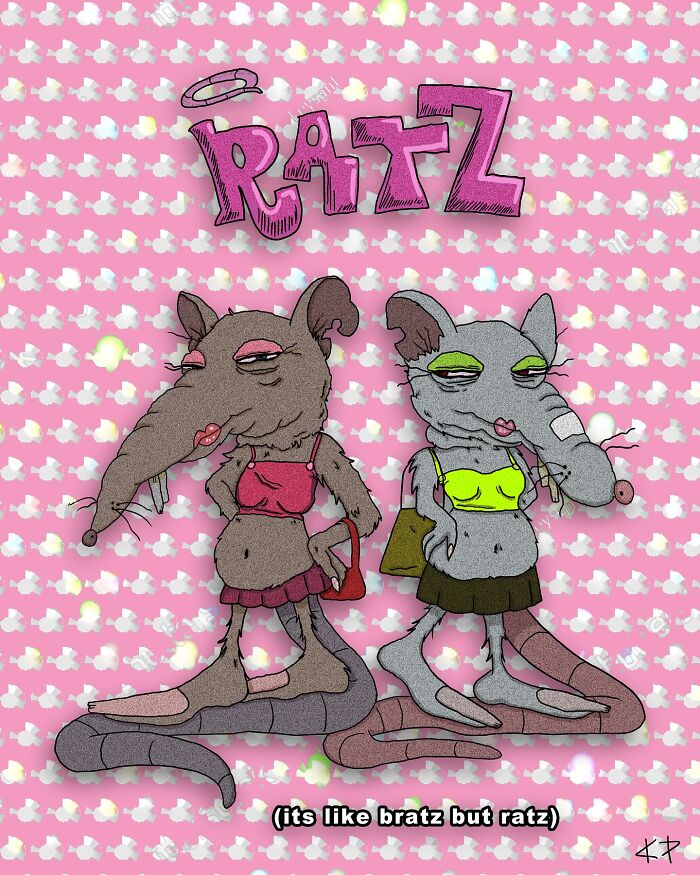Two cartoon rats dressed in stylish outfits on a pink background, illustrating a humorous take by 'Kissing Party'.