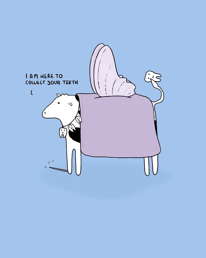 Cartoon cow dressed as the tooth fairy, depicting a funny cow situation with a tooth-themed blanket.