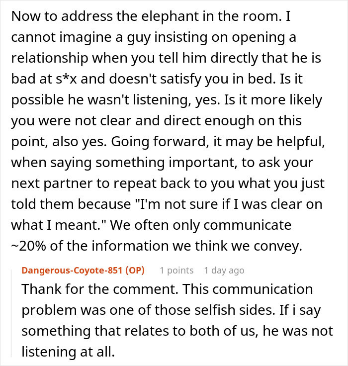 Reddit comment discusses opening a relationship; partner's dissatisfaction and miscommunication highlighted.