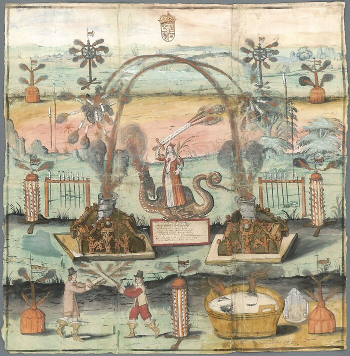 Historical turning point illustration with alchemical symbols, featuring a figure battling a serpent, surrounded by machinery.