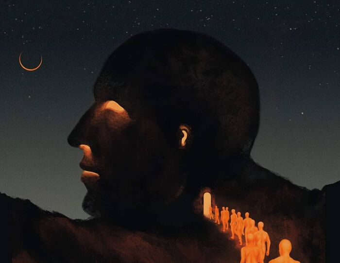 Mysterious illustration by Myriam Wares of figures entering a human-shaped mountain under a crescent moon.