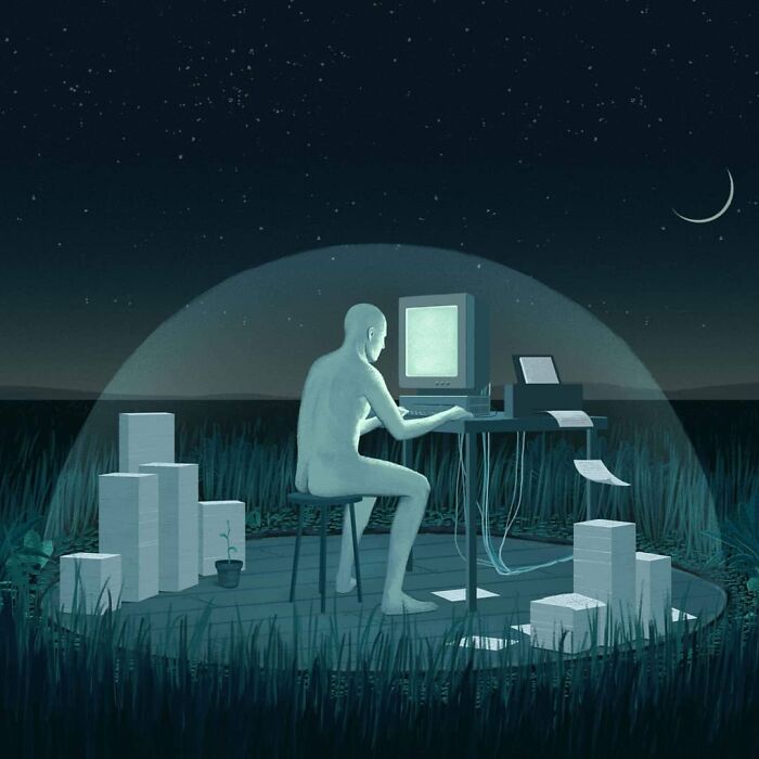 A mysterious illustration depicts a glowing figure working at a computer under a starry sky.