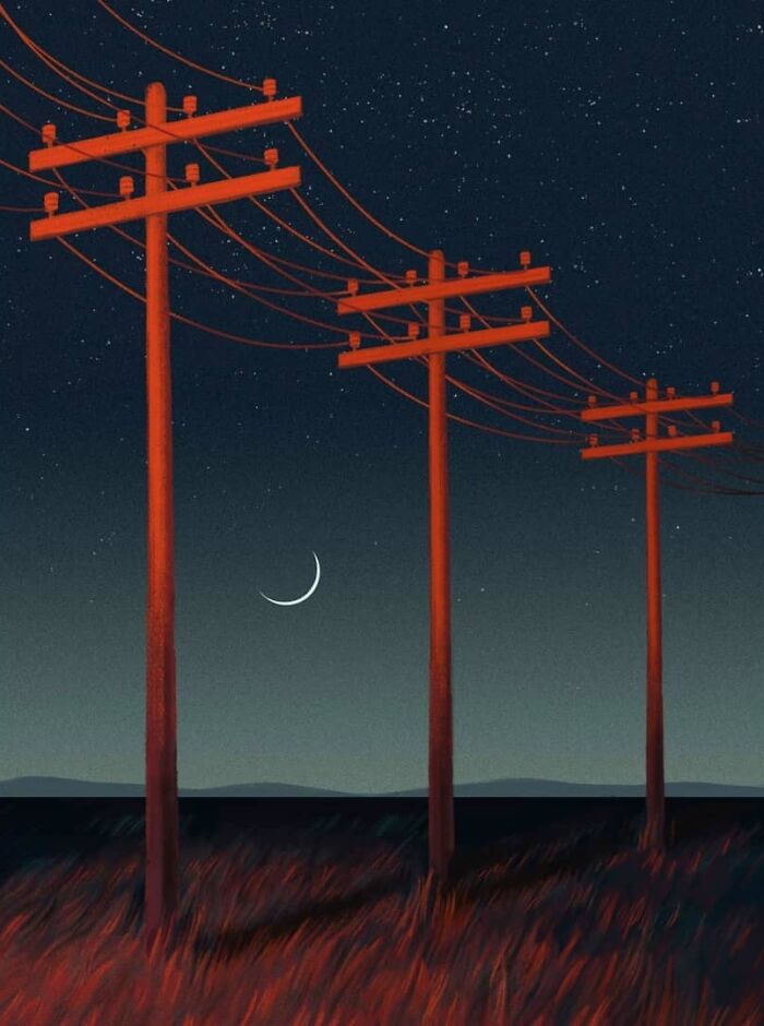 Mysterious illustration by Myriam Wares depicting red utility poles under a starry sky with a crescent moon.
