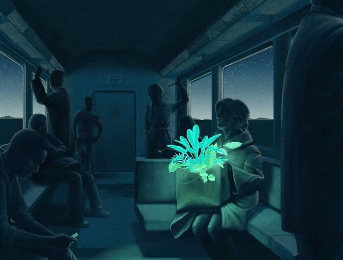 A mysterious illustration by Myriam Wares: a glowing plant in a dimly lit train with passengers.