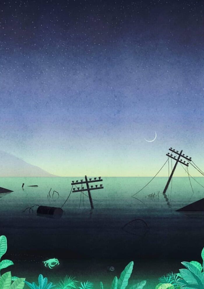 Mysterious illustration by Myriam Wares showing submerged poles in a tranquil, starry night landscape.