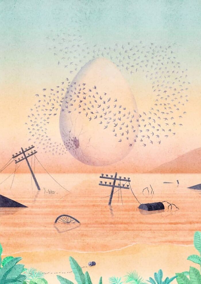 Mysterious illustration of a large egg surrounded by flying birds and submerged objects in water.