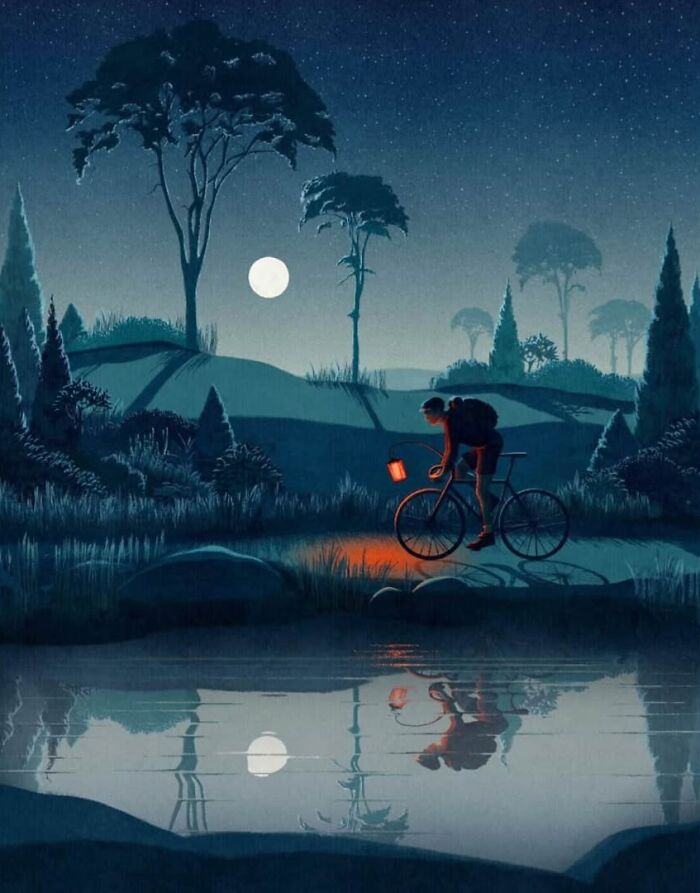 A cyclist illuminated by a lantern on a mysterious moonlit night, reflecting in a tranquil pond.