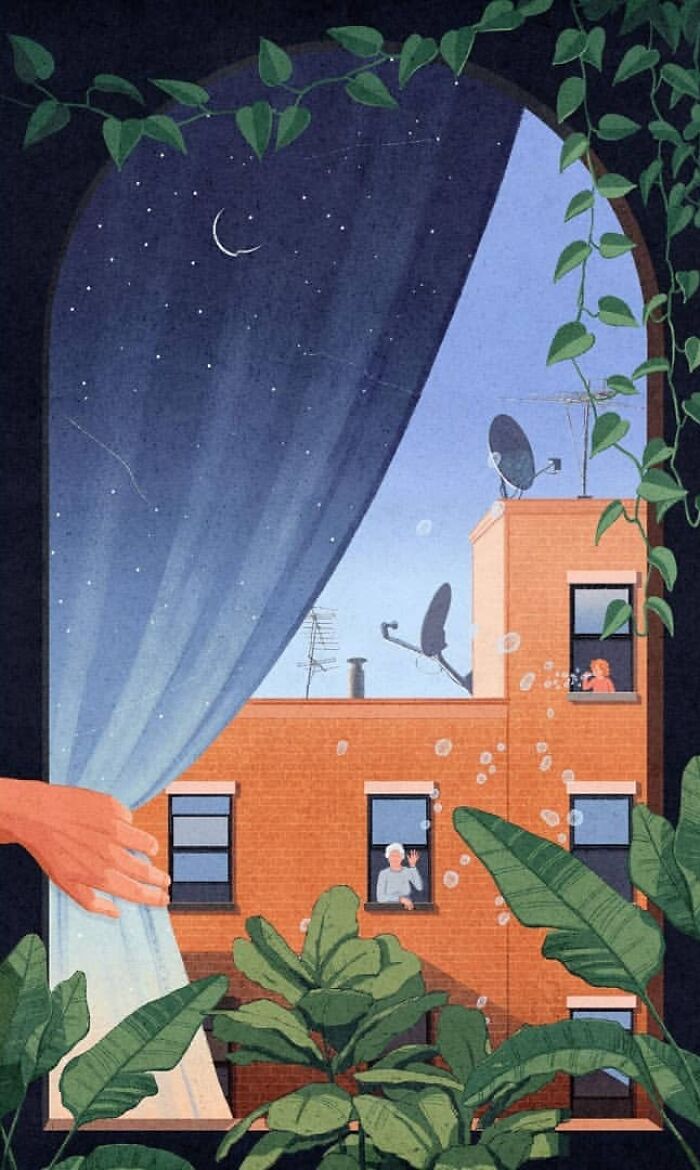 Mysterious illustration by Myriam Wares, showing a hand opening a curtain to reveal a night scene with foliage and a building.