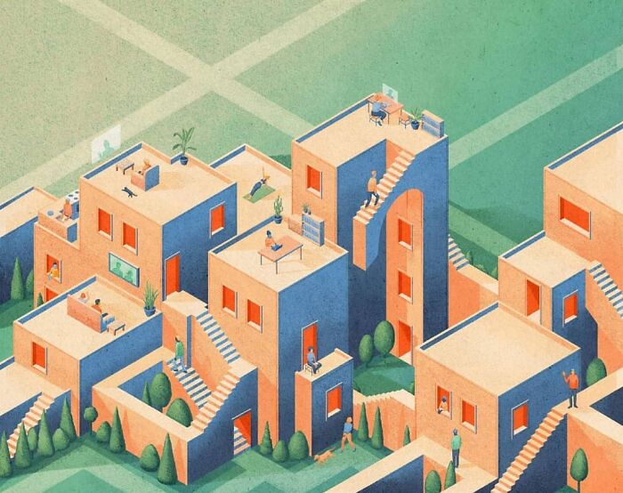 Mysterious illustration of geometric buildings with various people interacting on staircases and rooftops, by Myriam Wares.