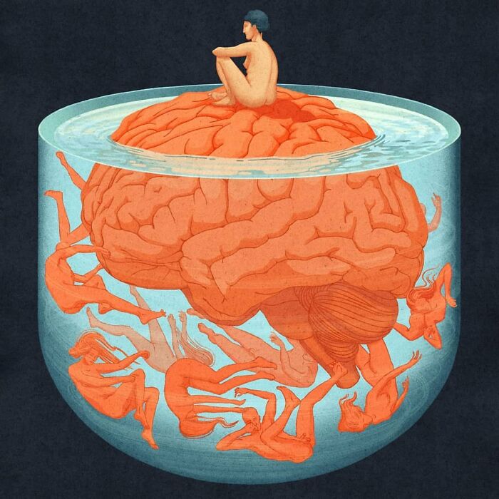 Surreal illustration of a person seated on a brain inside a water-filled container, showcasing mysterious art by Myriam Wares.