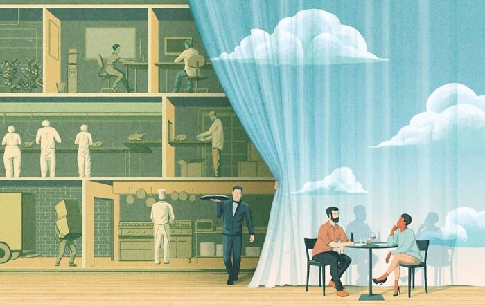 Mysterious illustration showing a behind-the-scenes view of a restaurant, with diners enjoying a meal and staff working.