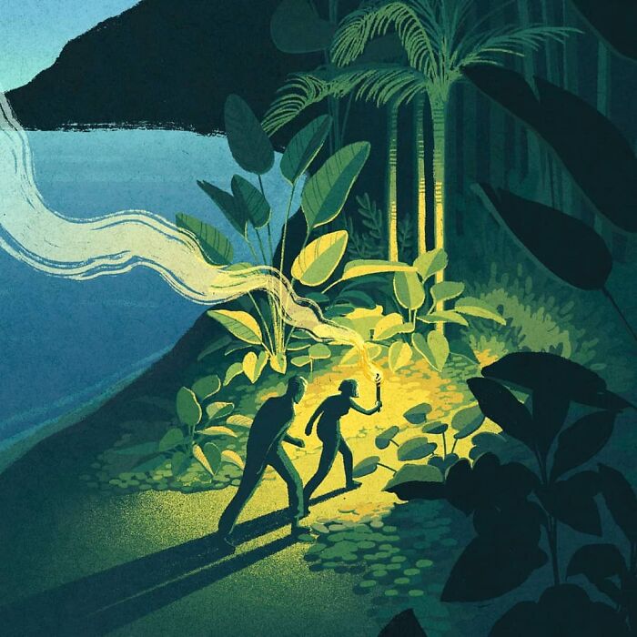 Two figures explore a mysterious forest, guided by torchlight, near a tranquil lake.