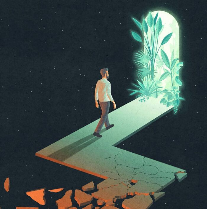 Man walking on a mysterious path towards a glowing, plant-filled doorway, symbolizing mystery and intrigue in art.