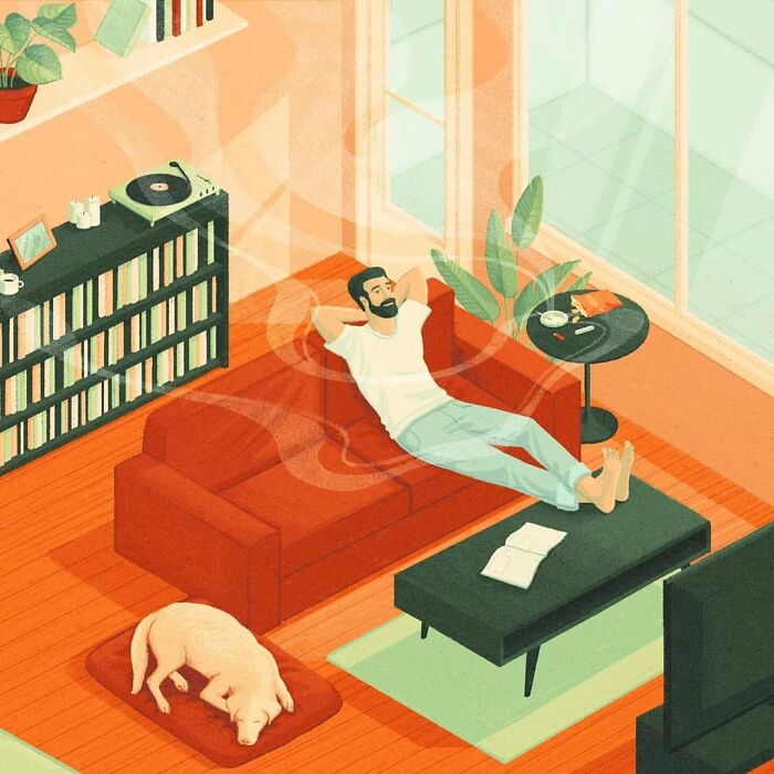 Man relaxing on a red sofa with a dog on the floor, surrounded by books and plants, in a mysterious illustration by Myriam Wares.