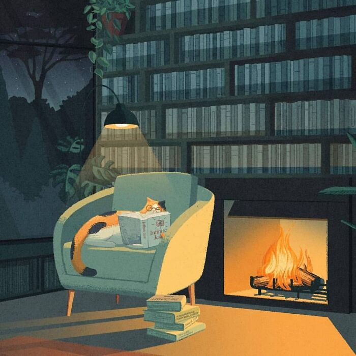 Cat reading by a fireplace in a mysterious illustration by Myriam Wares, surrounded by bookshelves at night.