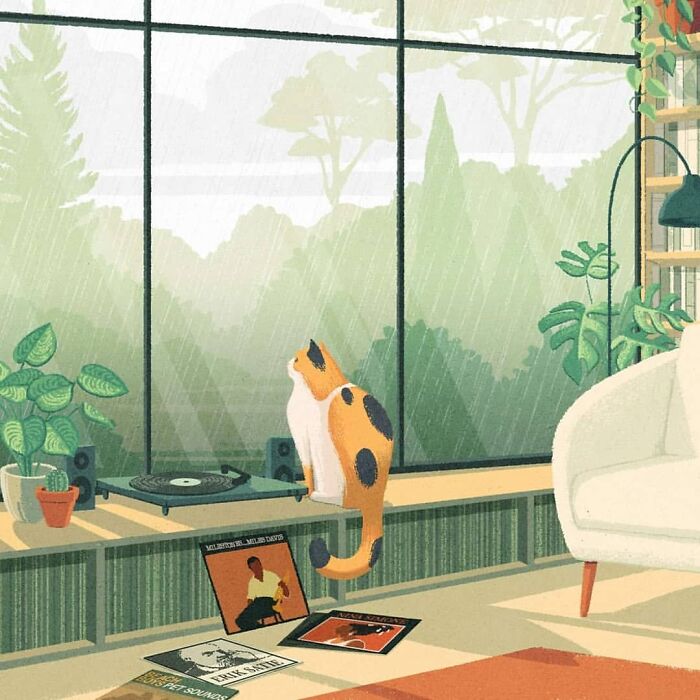 A mysterious illustration by Myriam Wares features a cat by a window with plants and vinyl records.