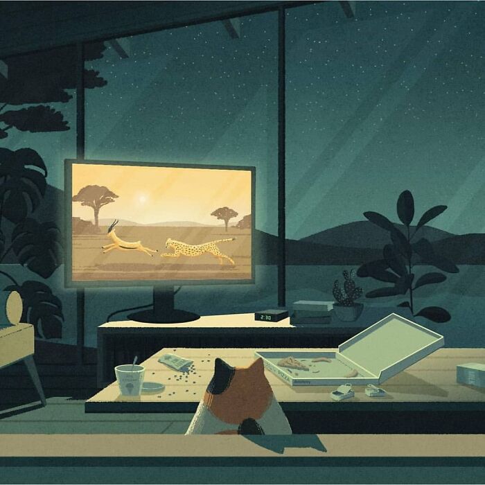 A cat watching wildlife on TV at night, surrounded by pizza boxes in a mysterious illustration by Myriam Wares.