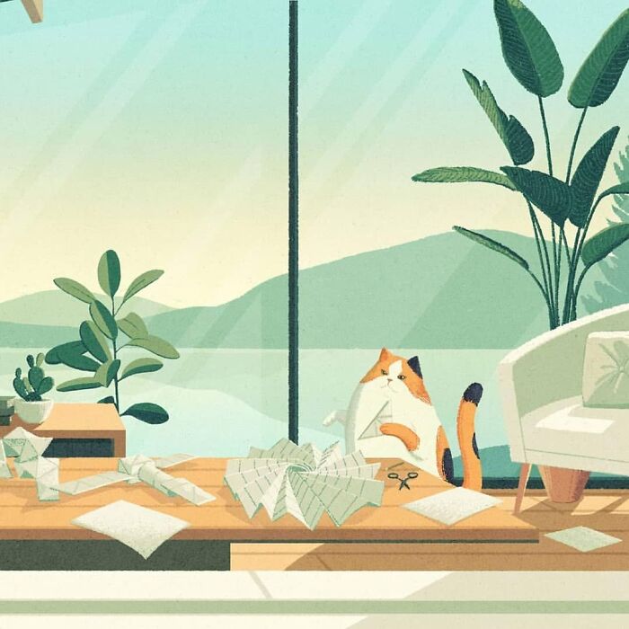 Illustration by Myriam Wares of a cat on a table with plants and origami, overlooking a serene mountain view.