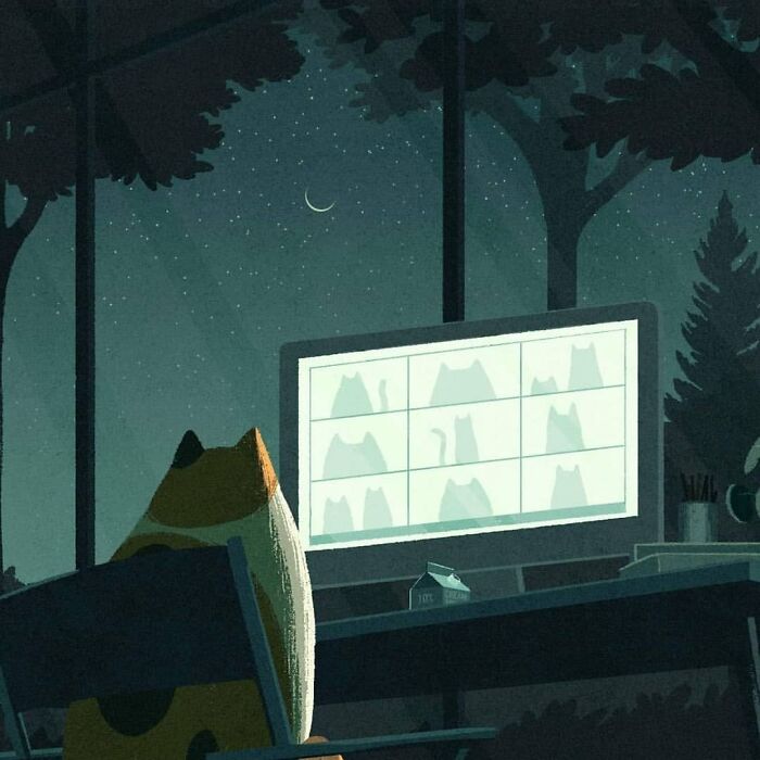 Cat viewing a mysterious illustration on a computer screen under a starry night sky by artist Myriam Wares.
