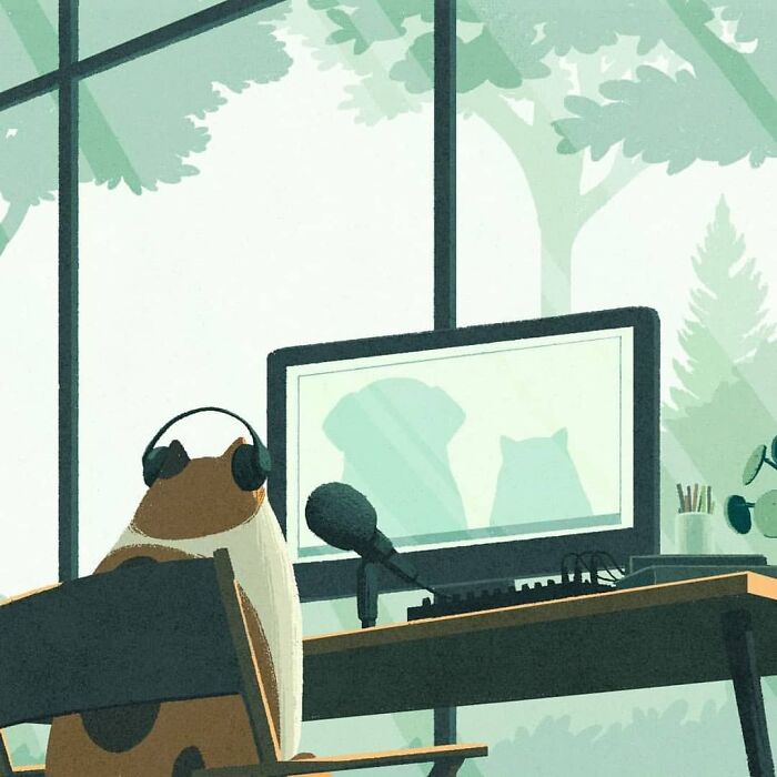 Illustration by Myriam Wares of a cat with headphones at a desk, looking at a computer in a serene room.