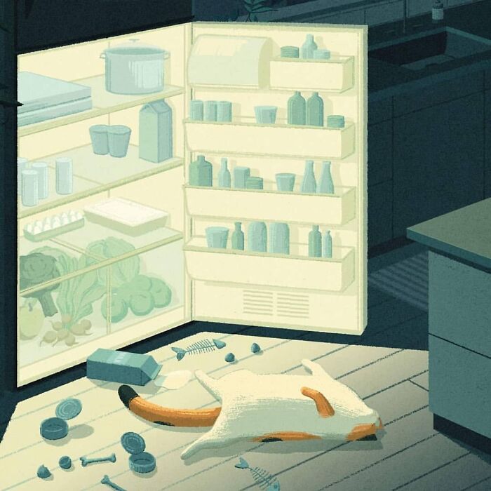 Mysterious illustration by Myriam Wares featuring an open fridge with scattered items on the floor.