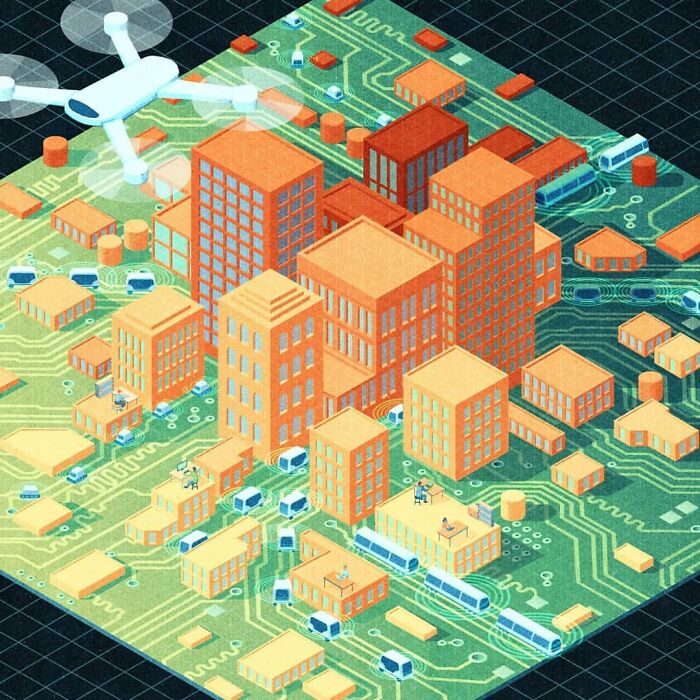 Mysterious illustration by Myriam Wares of a cityscape on a circuit board with a drone overhead.