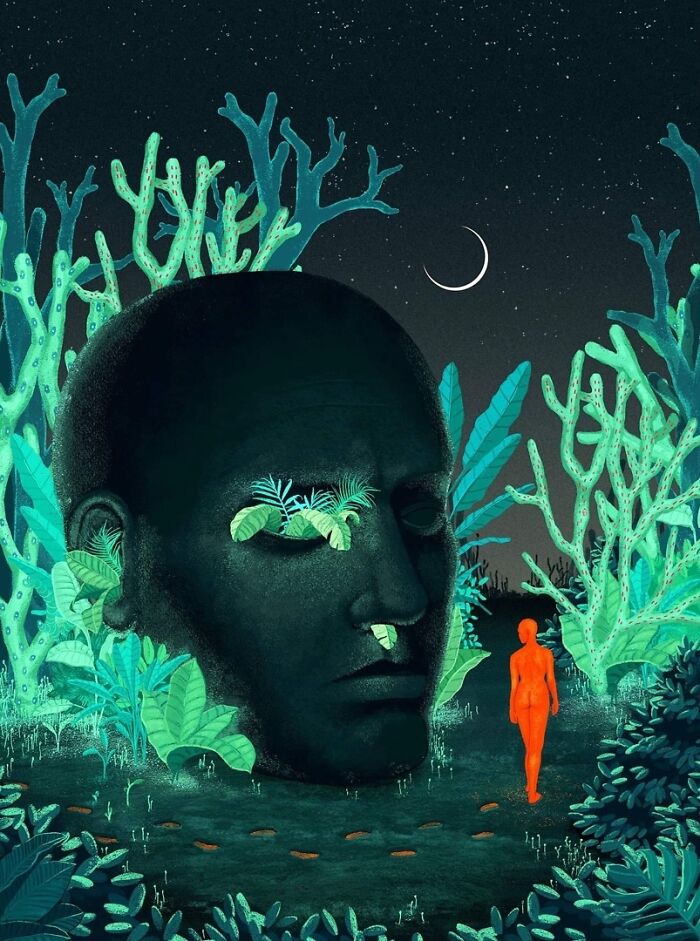 Mysterious illustration by Myriam Wares featuring a glowing figure and giant head surrounded by surreal plants under a crescent moon.