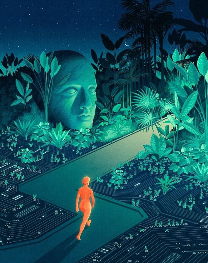 A person walks on a pathway surrounded by plants and a large mysterious face sculpture at night.