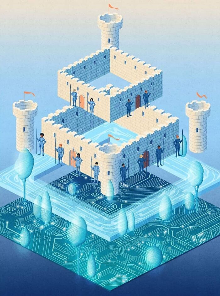 Futuristic castle illustration by Myriam Wares with circuit patterns and blue tones.