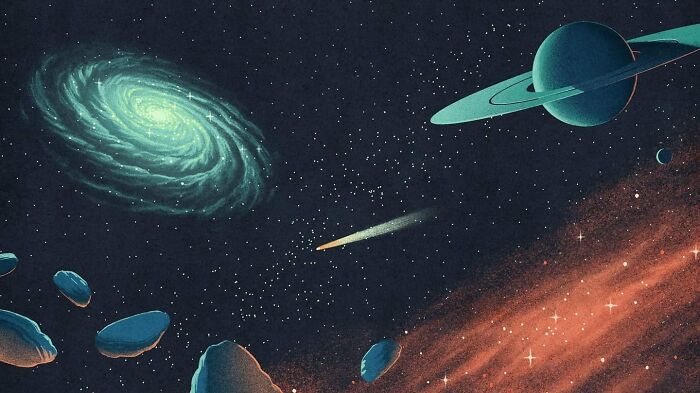 Mysterious illustration of space with a spiral galaxy, a green planet, asteroids, and a comet.
